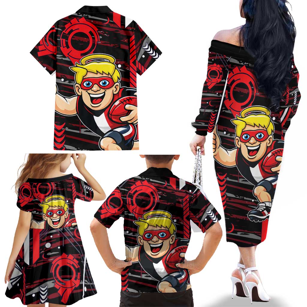 St Kilda Saints Family Matching Off The Shoulder Long Sleeve Dress and Hawaiian Shirt Mascot Cartoon Football Illustration Style