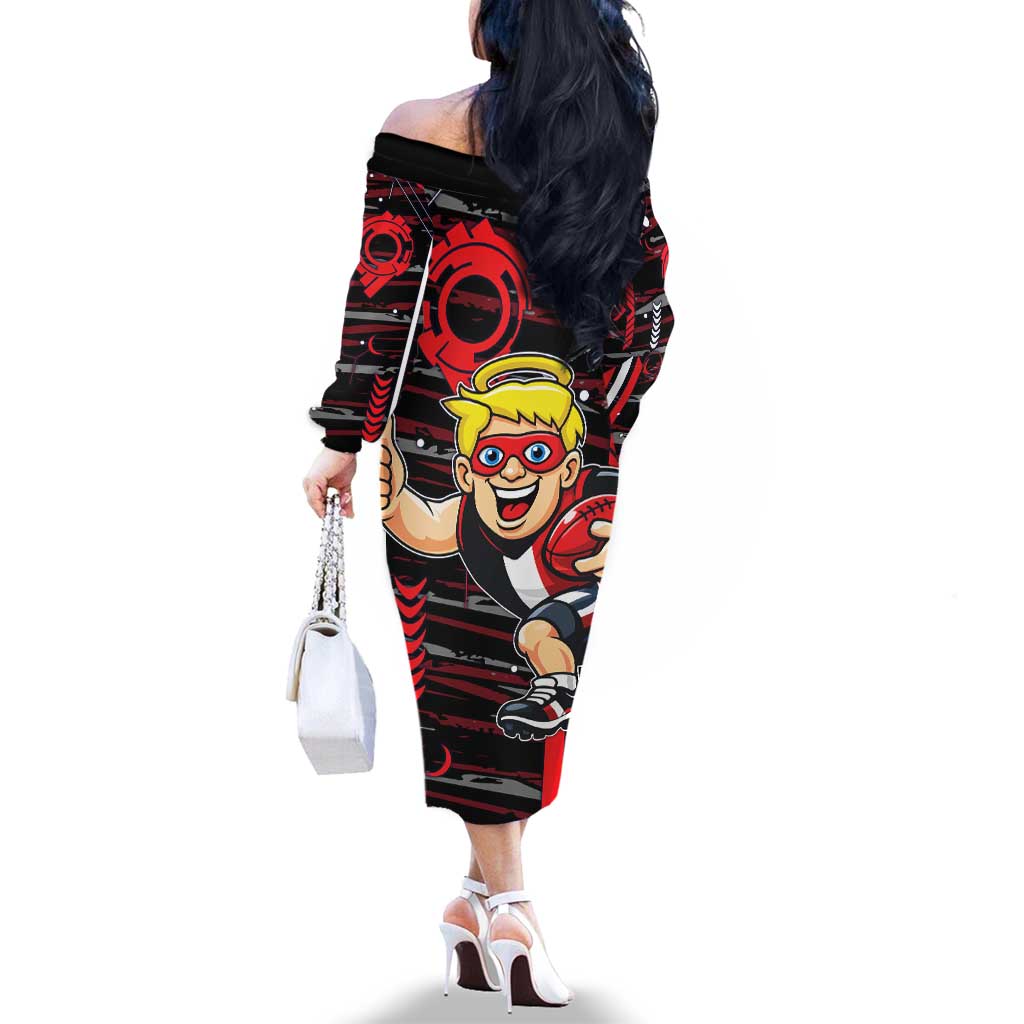 St Kilda Saints Family Matching Off The Shoulder Long Sleeve Dress and Hawaiian Shirt Mascot Cartoon Football Illustration Style