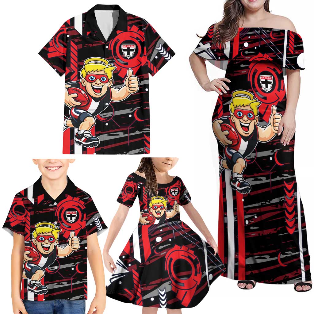 St Kilda Saints Family Matching Off Shoulder Maxi Dress and Hawaiian Shirt Mascot Cartoon Football Illustration Style