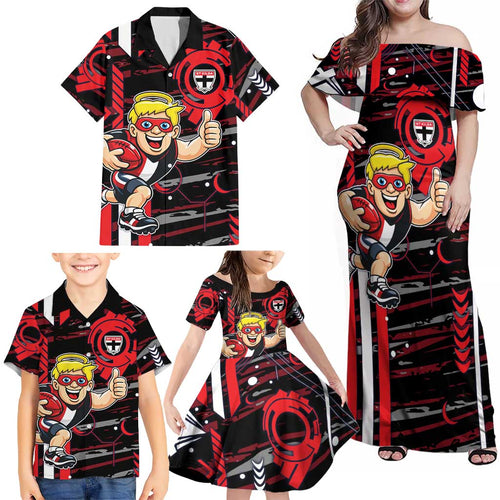 St Kilda Saints Family Matching Off Shoulder Maxi Dress and Hawaiian Shirt Mascot Cartoon Football Illustration Style