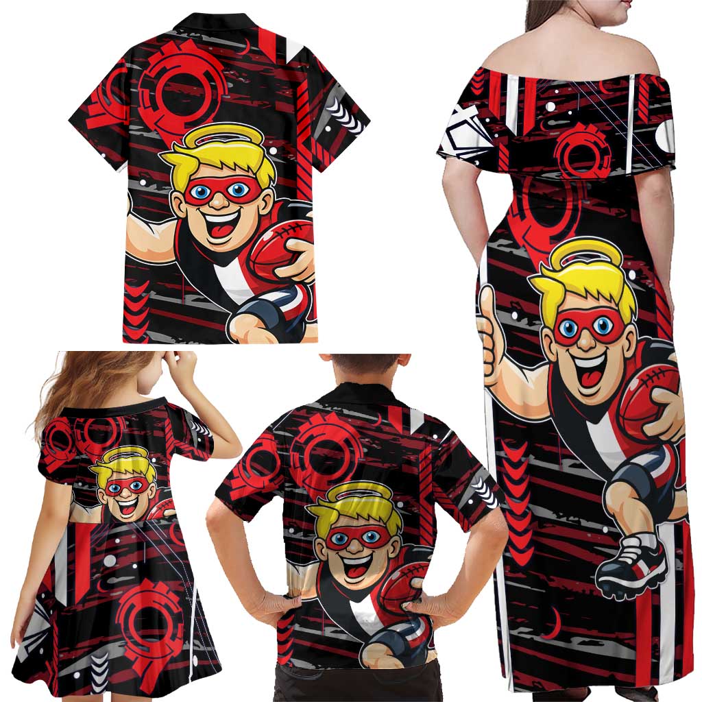 St Kilda Saints Family Matching Off Shoulder Maxi Dress and Hawaiian Shirt Mascot Cartoon Football Illustration Style