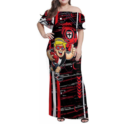 St Kilda Saints Family Matching Off Shoulder Maxi Dress and Hawaiian Shirt Mascot Cartoon Football Illustration Style