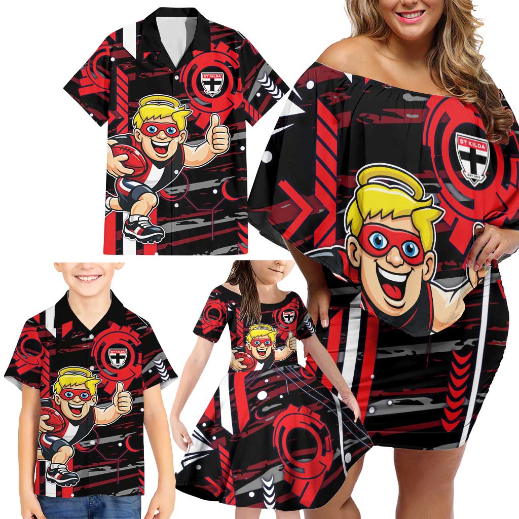 St Kilda Saints Family Matching Off Shoulder Short Dress and Hawaiian Shirt Mascot Cartoon Football Illustration Style