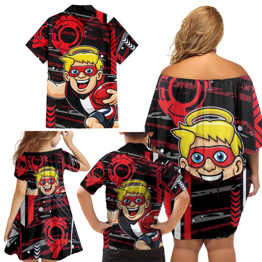 St Kilda Saints Family Matching Off Shoulder Short Dress and Hawaiian Shirt Mascot Cartoon Football Illustration Style
