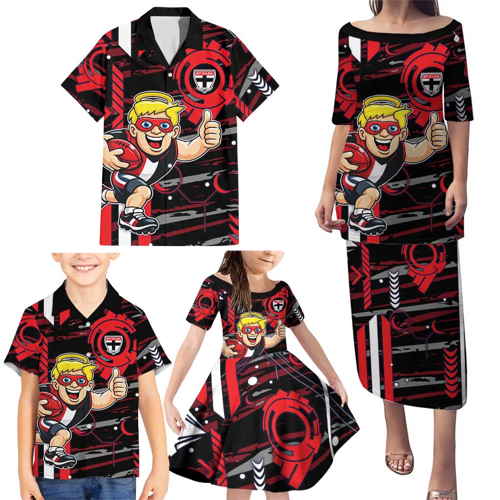 St Kilda Saints Family Matching Puletasi and Hawaiian Shirt Mascot Cartoon Football Illustration Style
