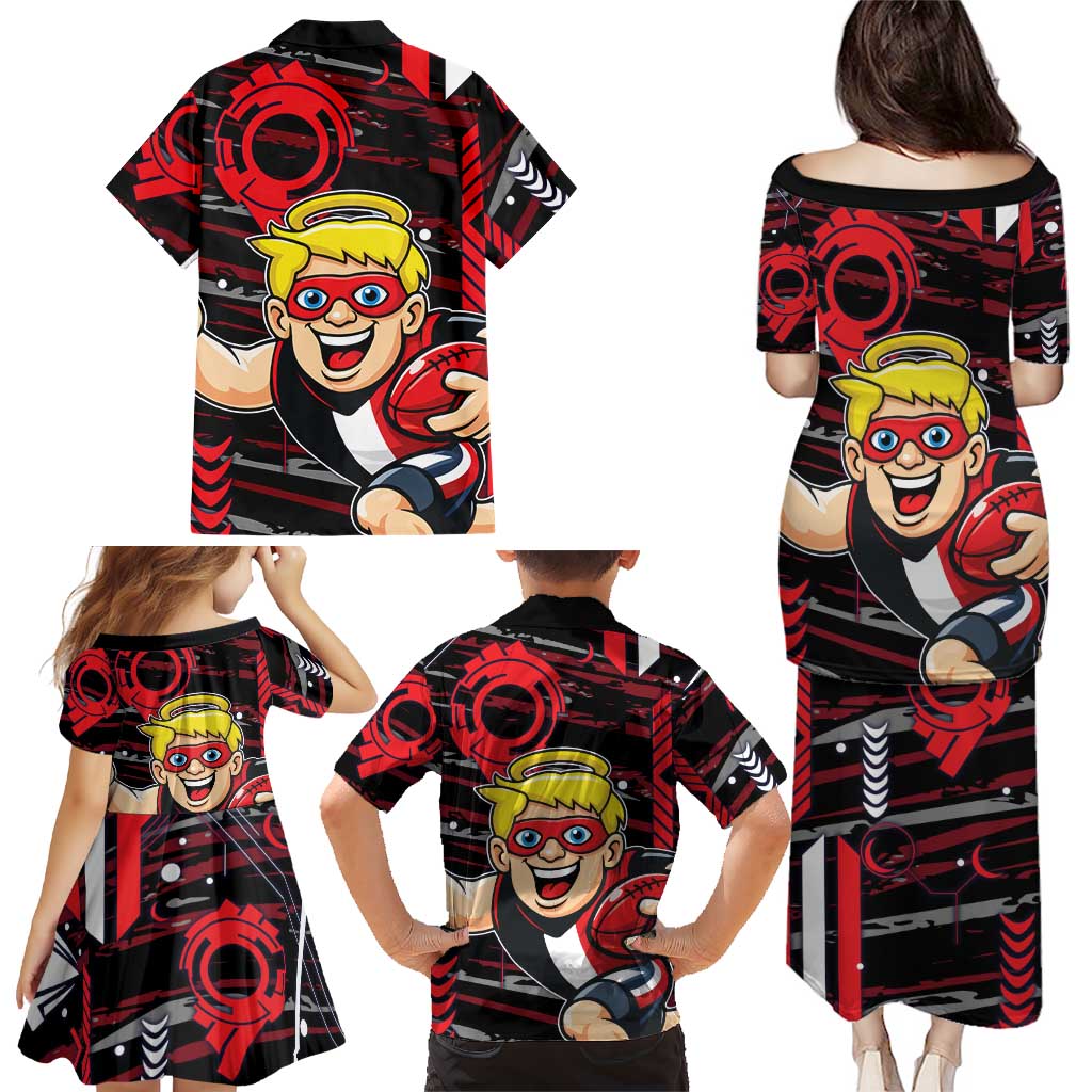 St Kilda Saints Family Matching Puletasi and Hawaiian Shirt Mascot Cartoon Football Illustration Style
