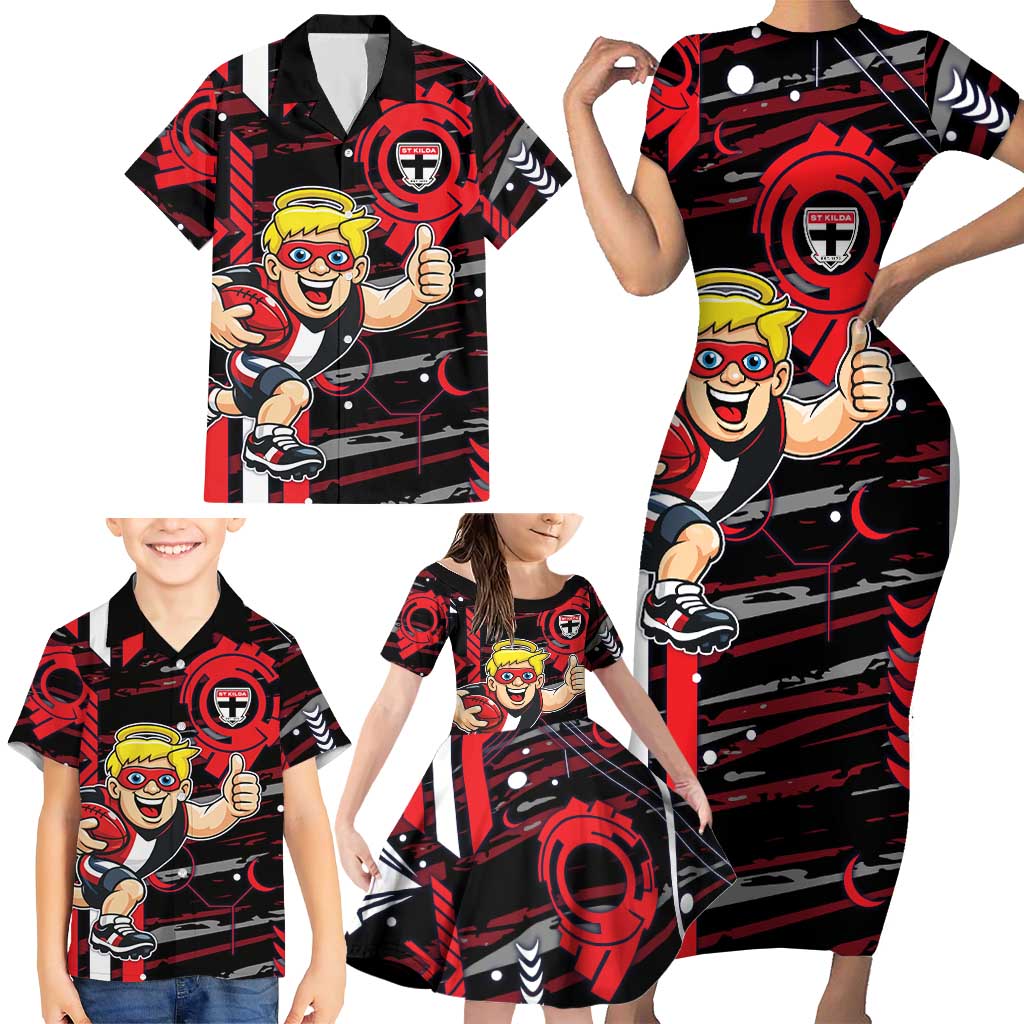 St Kilda Saints Family Matching Short Sleeve Bodycon Dress and Hawaiian Shirt Mascot Cartoon Football Illustration Style