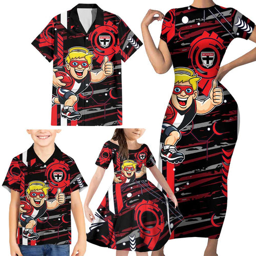 St Kilda Saints Family Matching Short Sleeve Bodycon Dress and Hawaiian Shirt Mascot Cartoon Football Illustration Style
