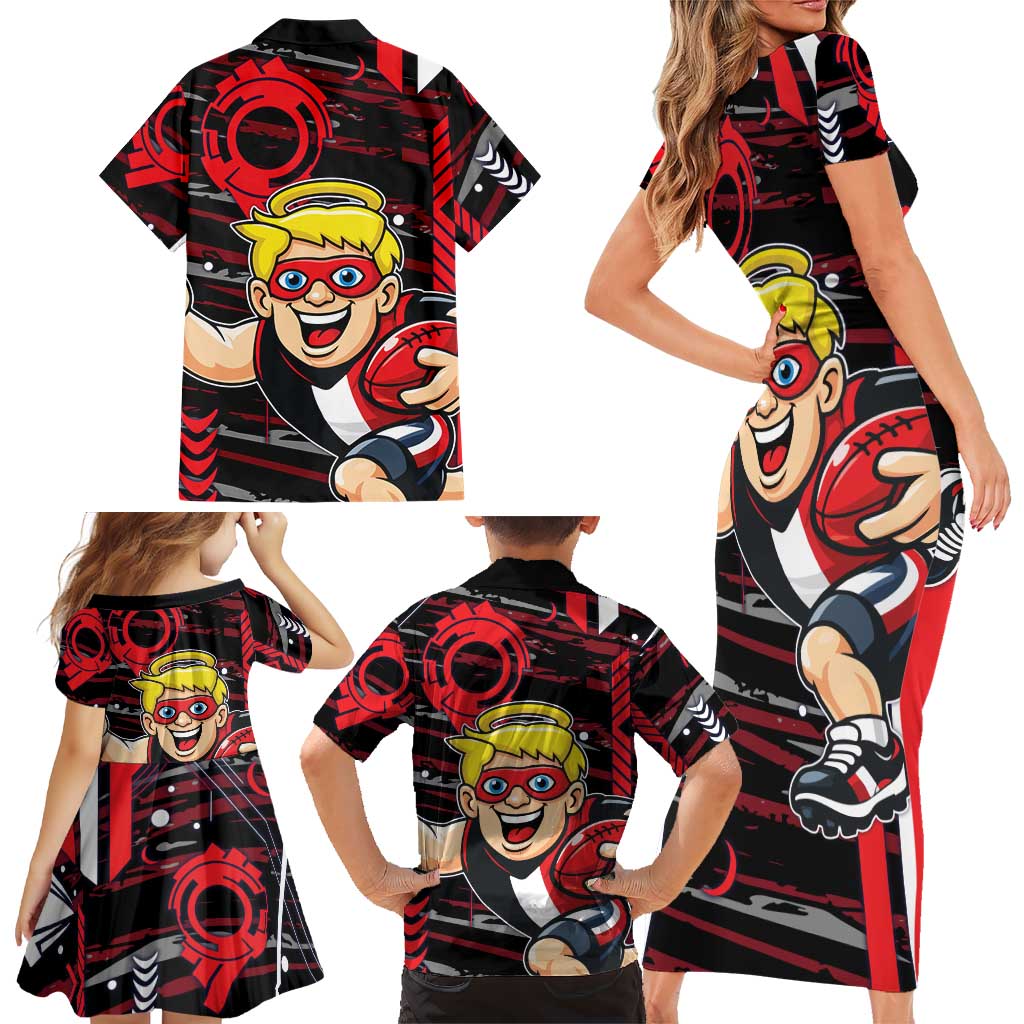 St Kilda Saints Family Matching Short Sleeve Bodycon Dress and Hawaiian Shirt Mascot Cartoon Football Illustration Style