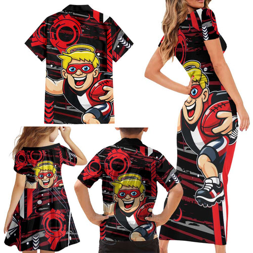 St Kilda Saints Family Matching Short Sleeve Bodycon Dress and Hawaiian Shirt Mascot Cartoon Football Illustration Style