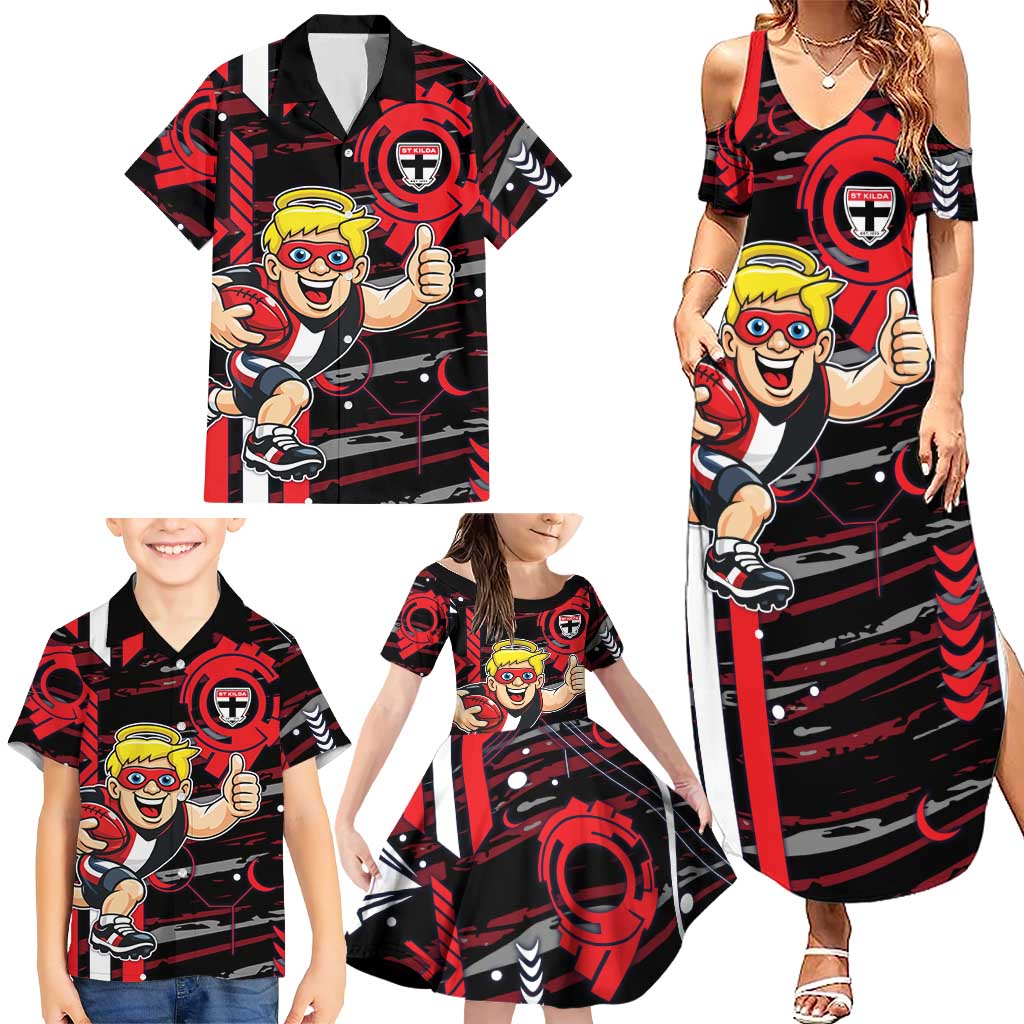 St Kilda Saints Family Matching Summer Maxi Dress and Hawaiian Shirt Mascot Cartoon Football Illustration Style