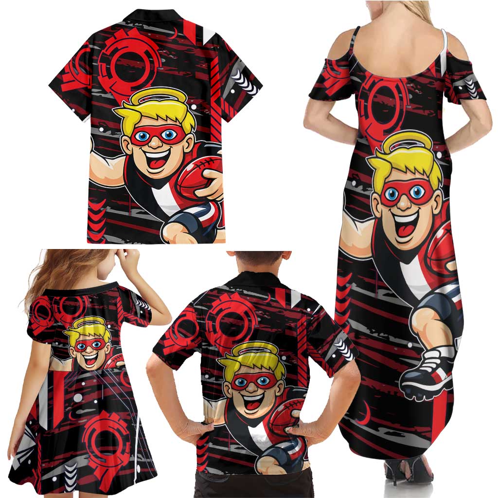 St Kilda Saints Family Matching Summer Maxi Dress and Hawaiian Shirt Mascot Cartoon Football Illustration Style