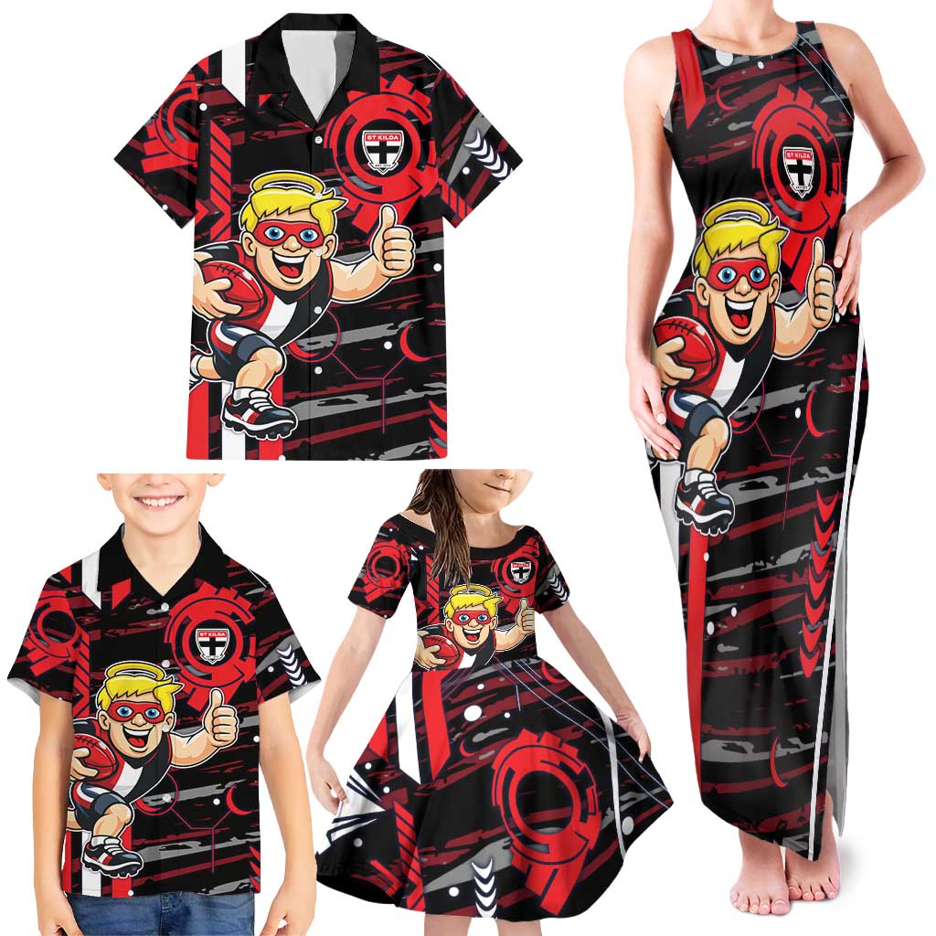 St Kilda Saints Family Matching Tank Maxi Dress and Hawaiian Shirt Mascot Cartoon Football Illustration Style