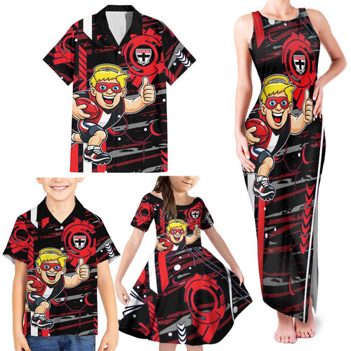 St Kilda Saints Family Matching Tank Maxi Dress and Hawaiian Shirt Mascot Cartoon Football Illustration Style