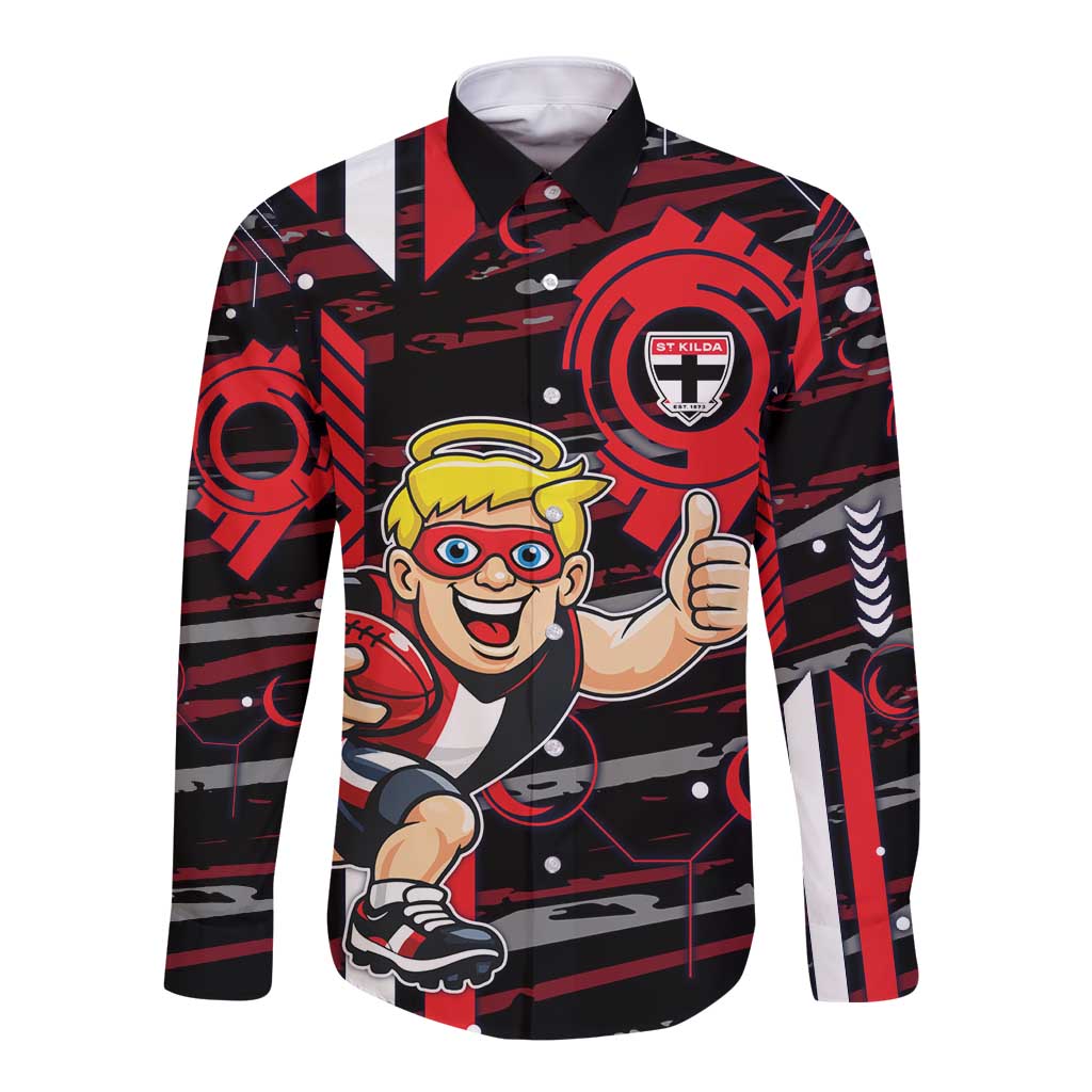 St Kilda Saints Long Sleeve Button Shirt Mascot Cartoon Football Illustration Style
