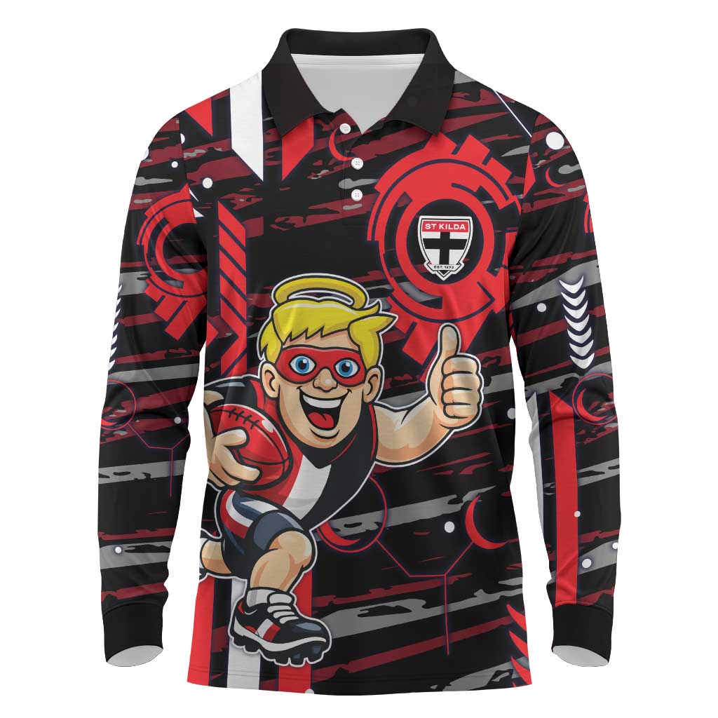 St Kilda Saints Long Sleeve Polo Shirt Mascot Cartoon Football Illustration Style