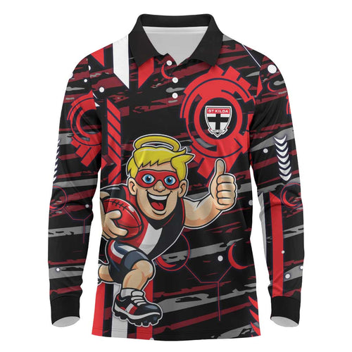 St Kilda Saints Long Sleeve Polo Shirt Mascot Cartoon Football Illustration Style