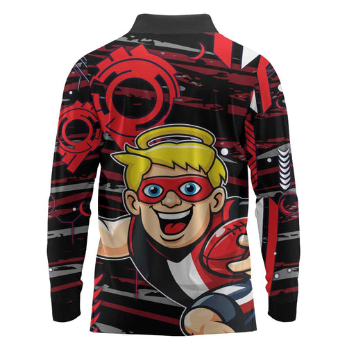 St Kilda Saints Long Sleeve Polo Shirt Mascot Cartoon Football Illustration Style