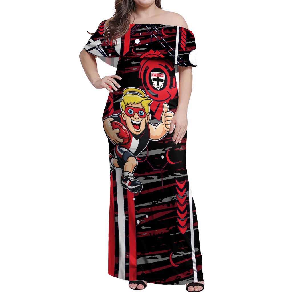 St Kilda Saints Off Shoulder Maxi Dress Mascot Cartoon Football Illustration Style