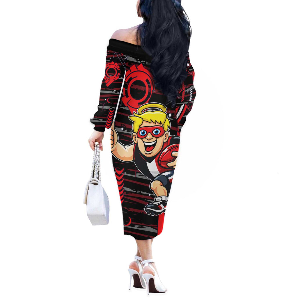 St Kilda Saints Off The Shoulder Long Sleeve Dress Mascot Cartoon Football Illustration Style