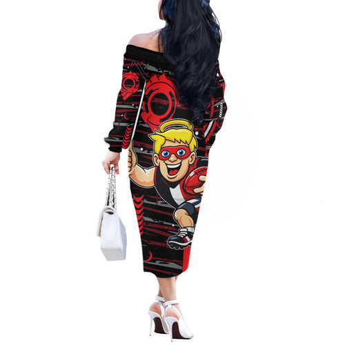 St Kilda Saints Off The Shoulder Long Sleeve Dress Mascot Cartoon Football Illustration Style