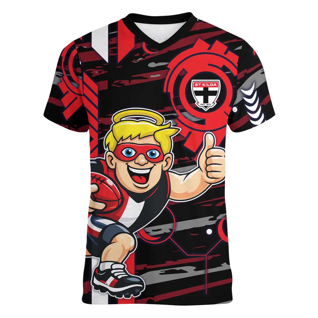 St Kilda Saints Women V-Neck T-Shirt Mascot Cartoon Football Illustration Style