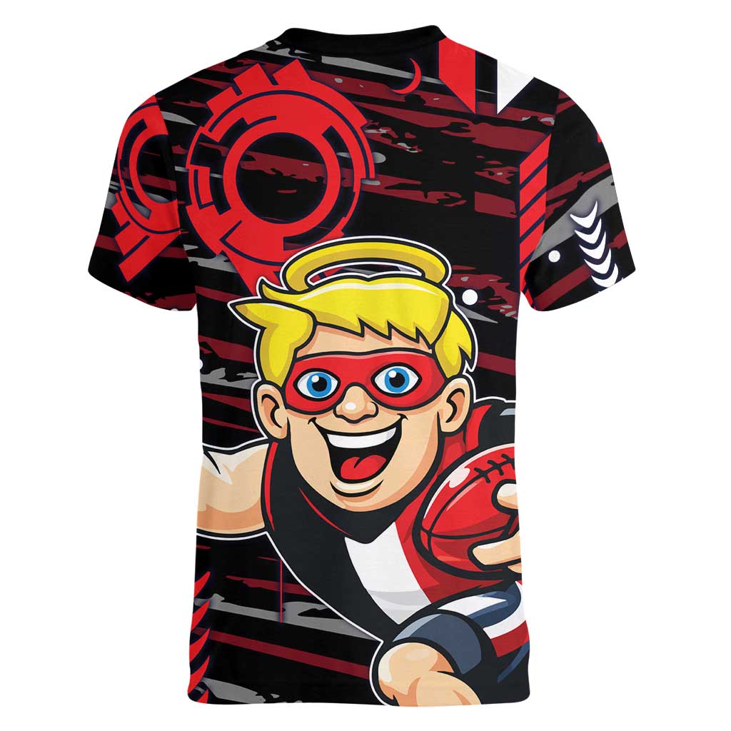 St Kilda Saints Women V-Neck T-Shirt Mascot Cartoon Football Illustration Style