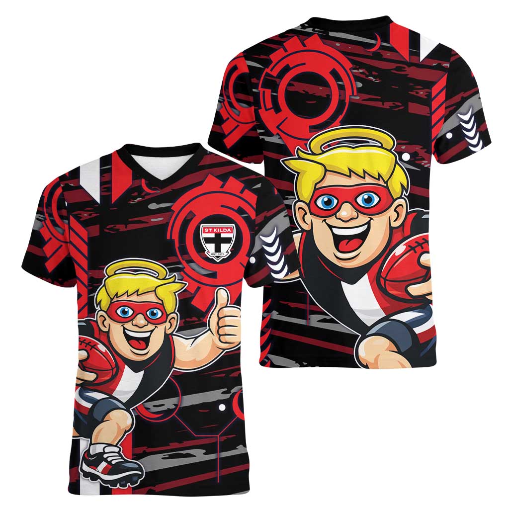 St Kilda Saints Women V-Neck T-Shirt Mascot Cartoon Football Illustration Style