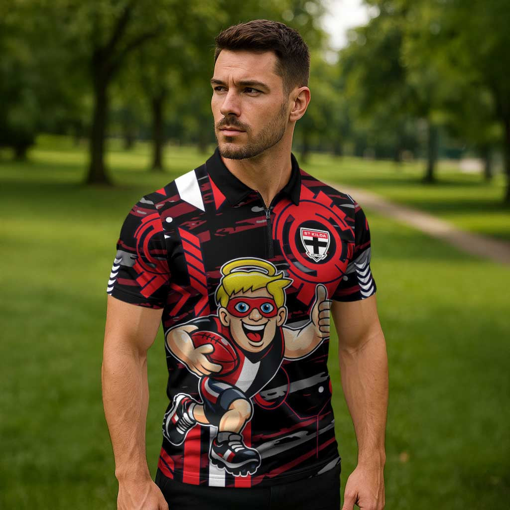 St Kilda Saints Zipper Polo Shirt Mascot Cartoon Football Illustration Style