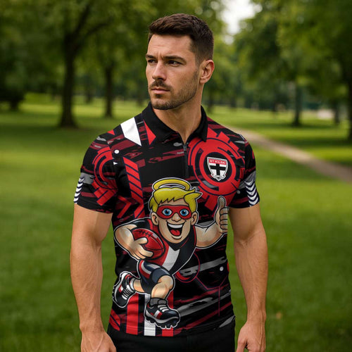 St Kilda Saints Zipper Polo Shirt Mascot Cartoon Football Illustration Style