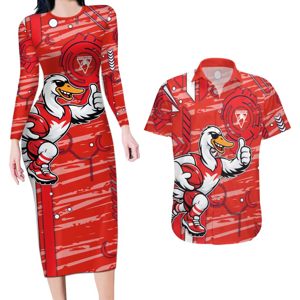 Sydney Swans Couples Matching Long Sleeve Bodycon Dress and Hawaiian Shirt Mascot Cartoon Football Illustration Style