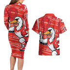 Sydney Swans Couples Matching Long Sleeve Bodycon Dress and Hawaiian Shirt Mascot Cartoon Football Illustration Style