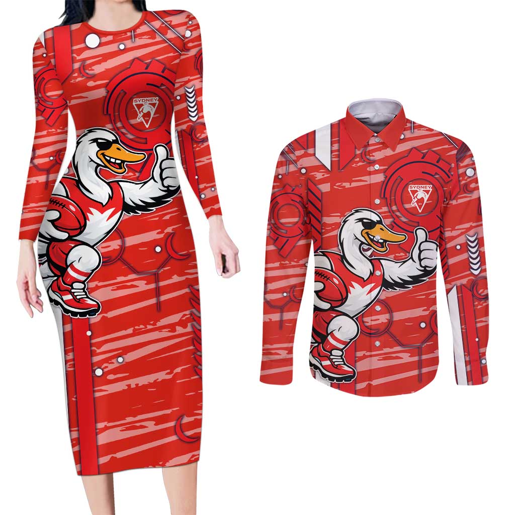 Sydney Swans Couples Matching Long Sleeve Bodycon Dress and Long Sleeve Button Shirt Mascot Cartoon Football Illustration Style