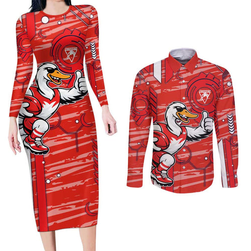 Sydney Swans Couples Matching Long Sleeve Bodycon Dress and Long Sleeve Button Shirt Mascot Cartoon Football Illustration Style