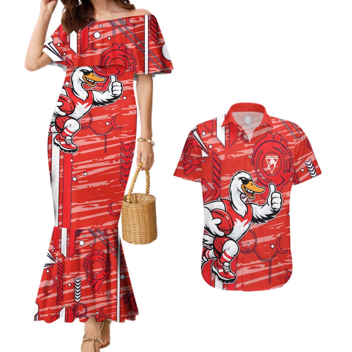 Sydney Swans Couples Matching Mermaid Dress and Hawaiian Shirt Mascot Cartoon Football Illustration Style