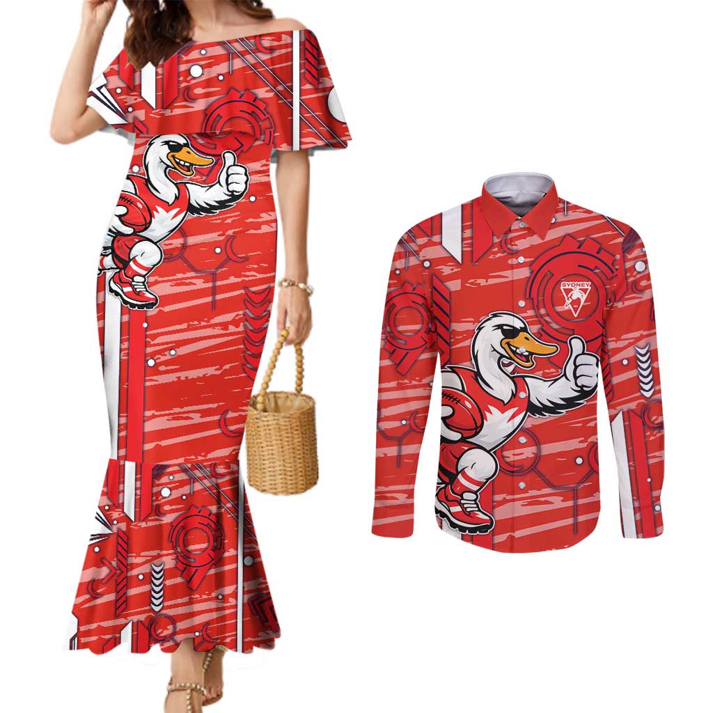 Sydney Swans Couples Matching Mermaid Dress and Long Sleeve Button Shirt Mascot Cartoon Football Illustration Style