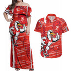 Sydney Swans Couples Matching Off Shoulder Maxi Dress and Hawaiian Shirt Mascot Cartoon Football Illustration Style