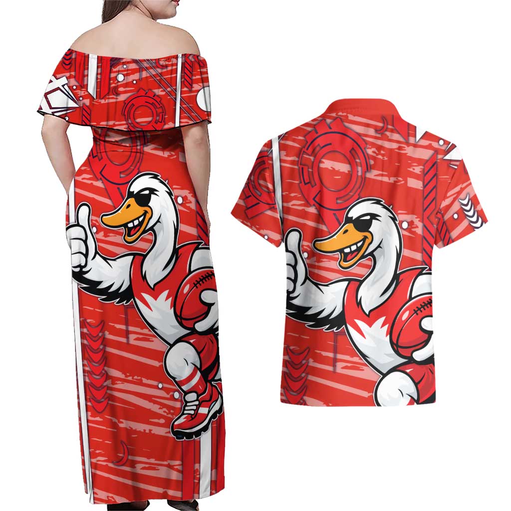 Sydney Swans Couples Matching Off Shoulder Maxi Dress and Hawaiian Shirt Mascot Cartoon Football Illustration Style