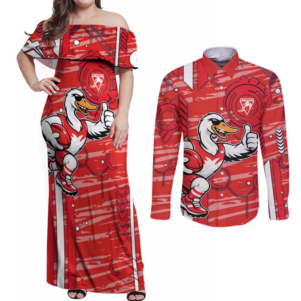 Sydney Swans Couples Matching Off Shoulder Maxi Dress and Long Sleeve Button Shirt Mascot Cartoon Football Illustration Style