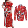 Sydney Swans Couples Matching Off Shoulder Maxi Dress and Long Sleeve Button Shirt Mascot Cartoon Football Illustration Style