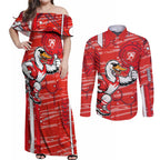 Sydney Swans Couples Matching Off Shoulder Maxi Dress and Long Sleeve Button Shirt Mascot Cartoon Football Illustration Style