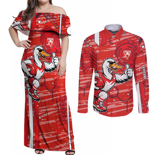 Sydney Swans Couples Matching Off Shoulder Maxi Dress and Long Sleeve Button Shirt Mascot Cartoon Football Illustration Style