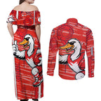 Sydney Swans Couples Matching Off Shoulder Maxi Dress and Long Sleeve Button Shirt Mascot Cartoon Football Illustration Style