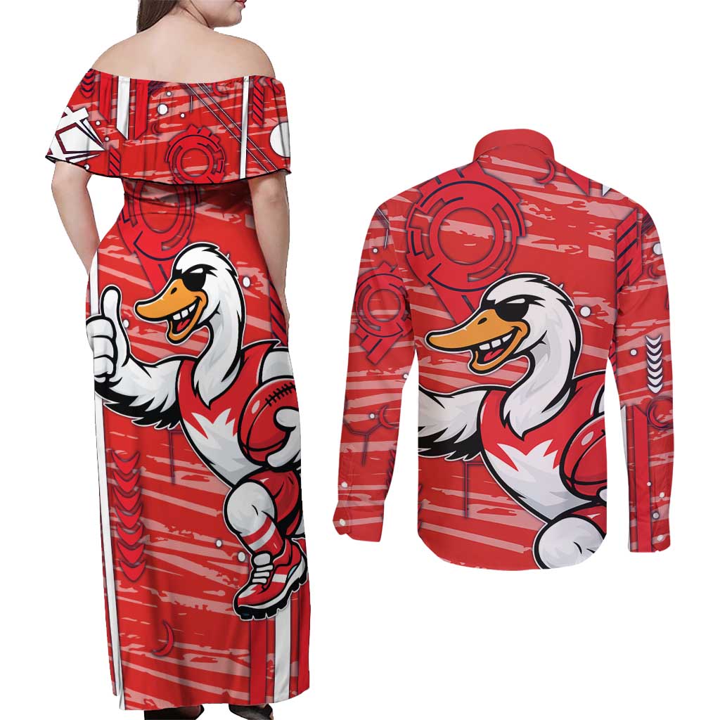 Sydney Swans Couples Matching Off Shoulder Maxi Dress and Long Sleeve Button Shirt Mascot Cartoon Football Illustration Style
