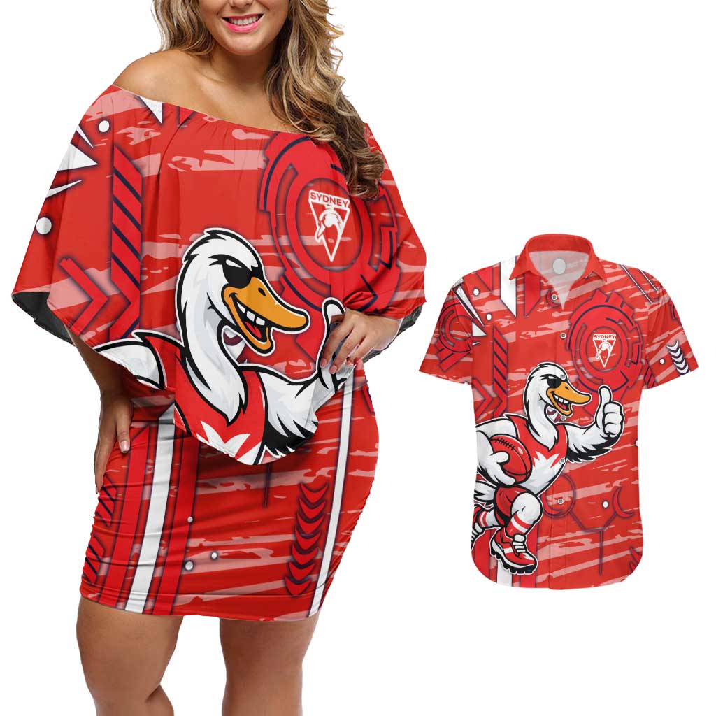 Sydney Swans Couples Matching Off Shoulder Short Dress and Hawaiian Shirt Mascot Cartoon Football Illustration Style