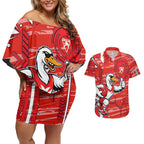 Sydney Swans Couples Matching Off Shoulder Short Dress and Hawaiian Shirt Mascot Cartoon Football Illustration Style