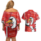 Sydney Swans Couples Matching Off Shoulder Short Dress and Hawaiian Shirt Mascot Cartoon Football Illustration Style