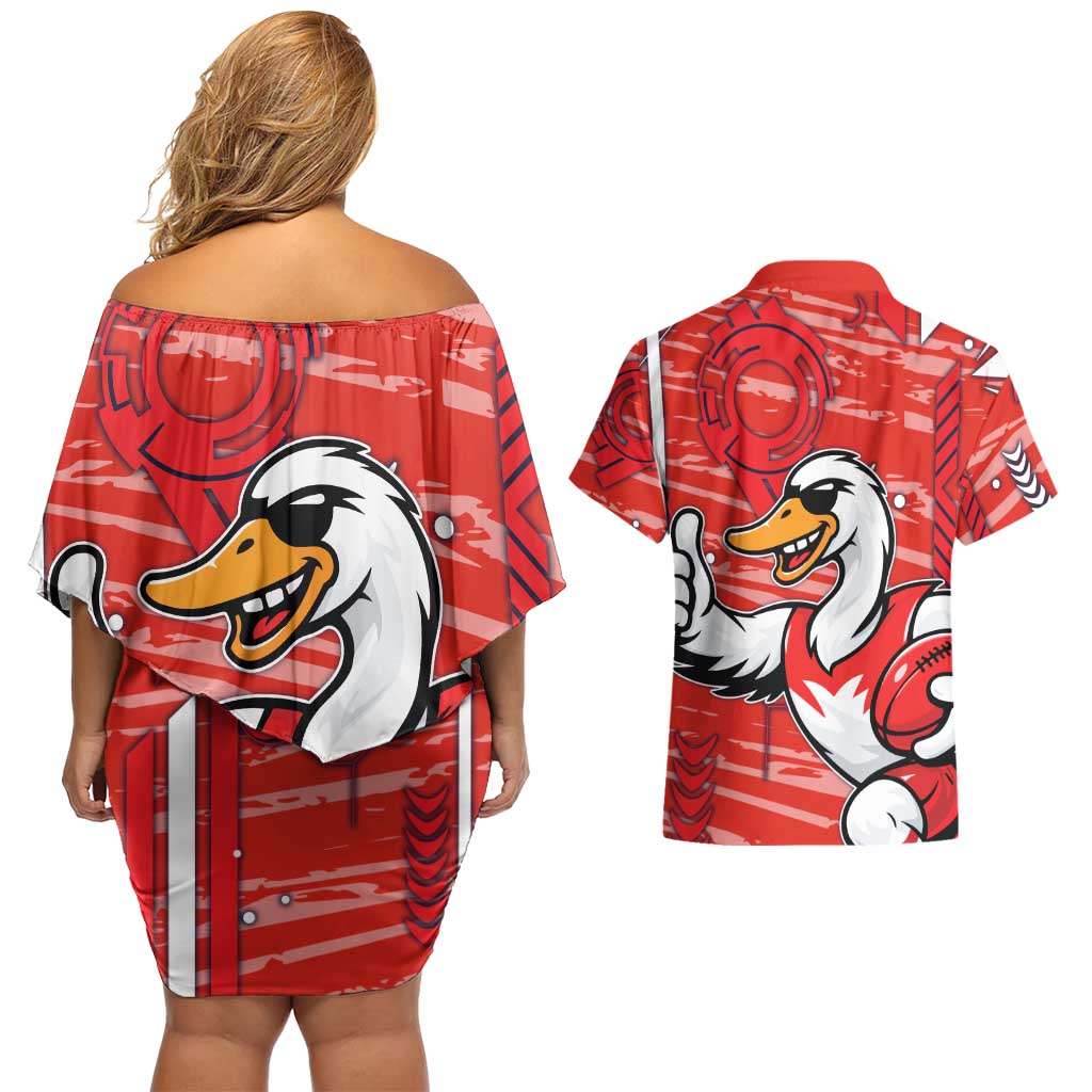 Sydney Swans Couples Matching Off Shoulder Short Dress and Hawaiian Shirt Mascot Cartoon Football Illustration Style