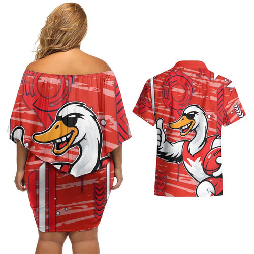 Sydney Swans Couples Matching Off Shoulder Short Dress and Hawaiian Shirt Mascot Cartoon Football Illustration Style
