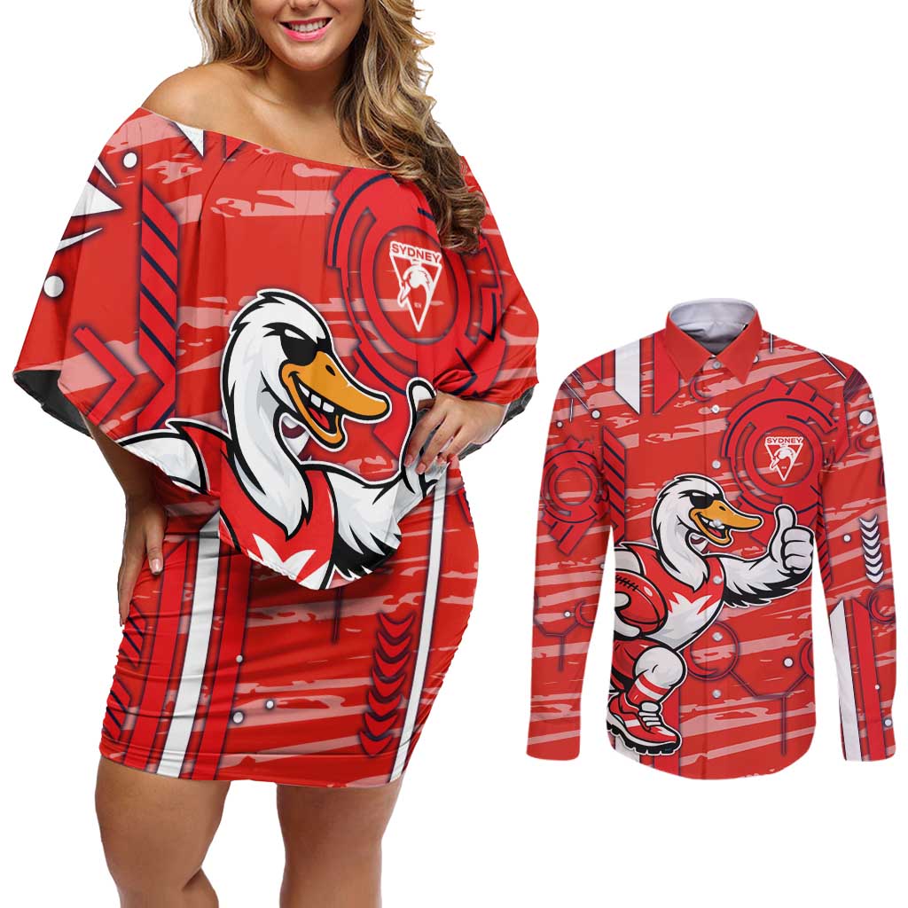 Sydney Swans Couples Matching Off Shoulder Short Dress and Long Sleeve Button Shirt Mascot Cartoon Football Illustration Style